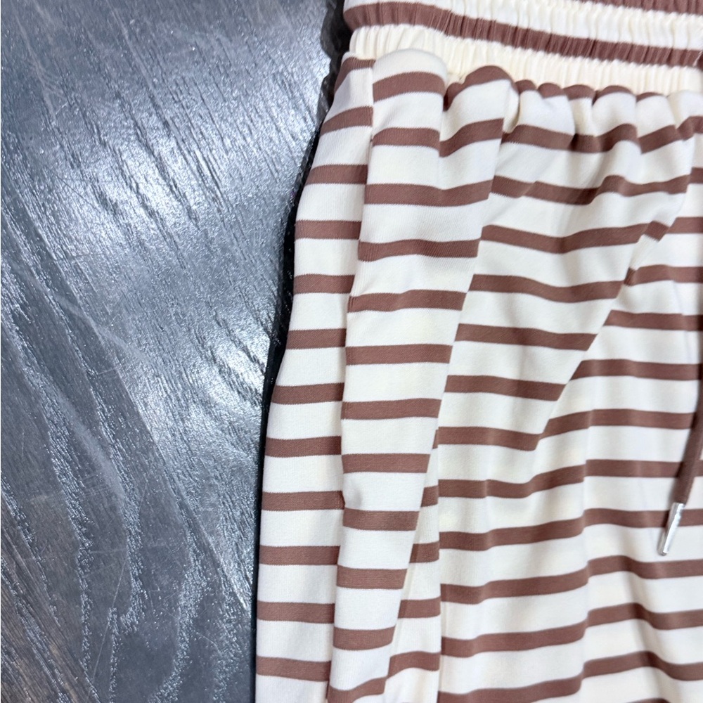 Striped Two-Piece Loungewear Set in Cream and Brown - Picture 8 of 9